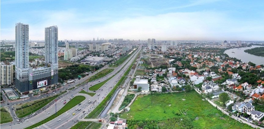 Góc nhìn trên cao về hạ tầng giao thông và các khu đô thị mới tại khu Đông Sài Gòn, cho thấy tiềm năng đầu tư bất động sản TP Thủ Đức.